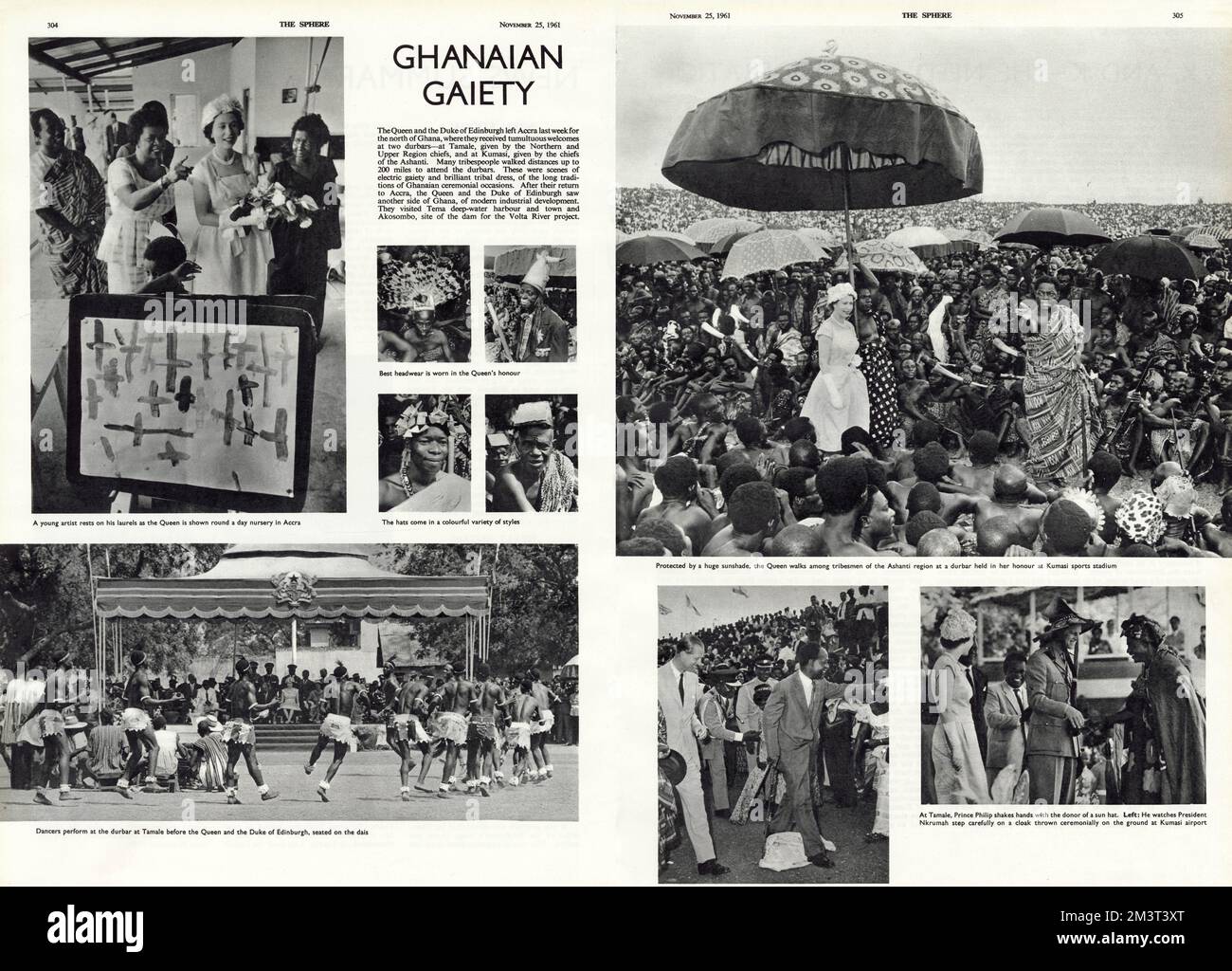 Double page spread from The Sphere reporting on the royal tour of Ghana in 1961, specifically the trip made by the Queen and Duke of Edinburgh to north Ghana, where durbars were held at both Tamale and Kumasi. Photographs show people in traditional headdresses and dancers at Tamale, as well as the royal couple walking among Ashanti tribesmen at Kumasi sports stadium. Stock Photo