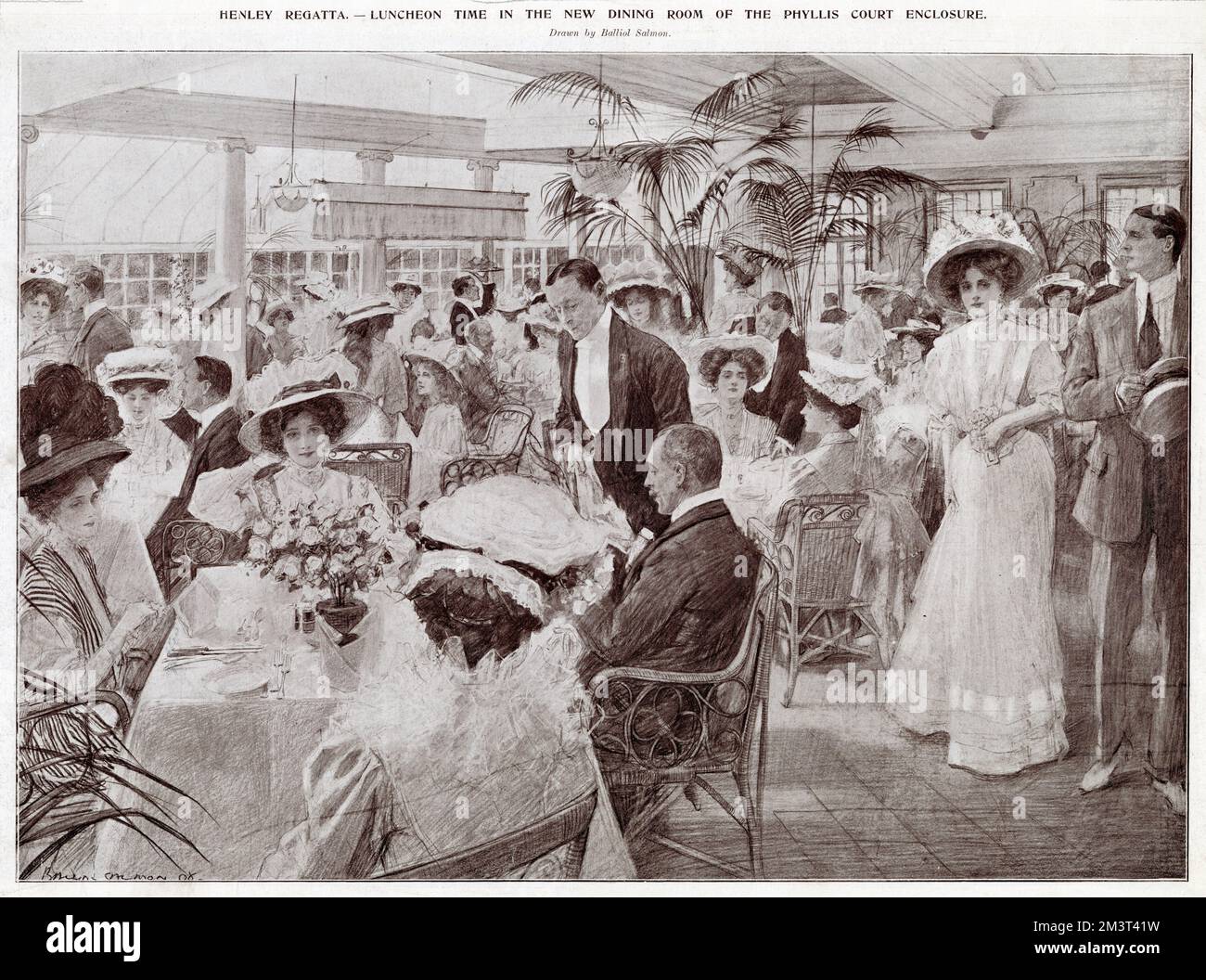 Lunchtime in the Phyllis Court enclosure during Henley Regatta. Phyllis Court was an exclusive riverside club offering dining, dancing and sports facilities. Its viewing platform had the very best seats for seeing Henley Regatta.     Date: 1908 Stock Photo