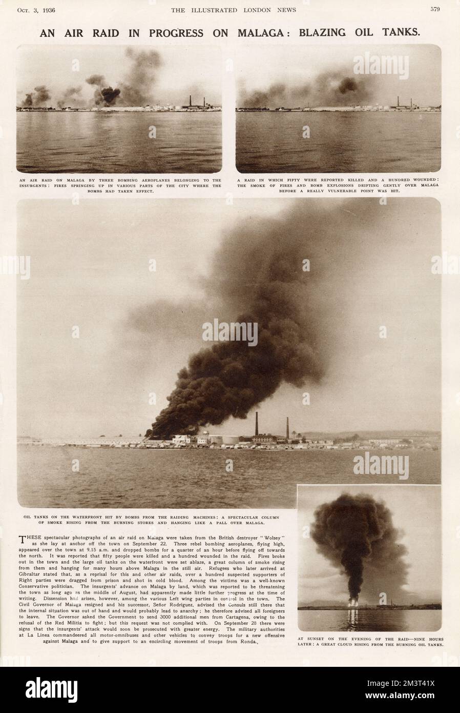 An air raid in progress on Malaga blazing oil tanks. Spanish Civil War