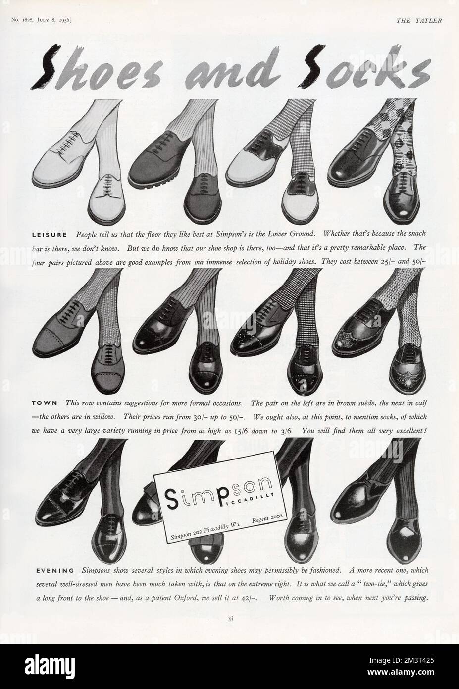 A natty selection of shoes and socks for men for leisure, town and evening wear, available from that arbiter of classic masculine style, Simpson of Piccadilly (now Waterstone's). Stock Photo