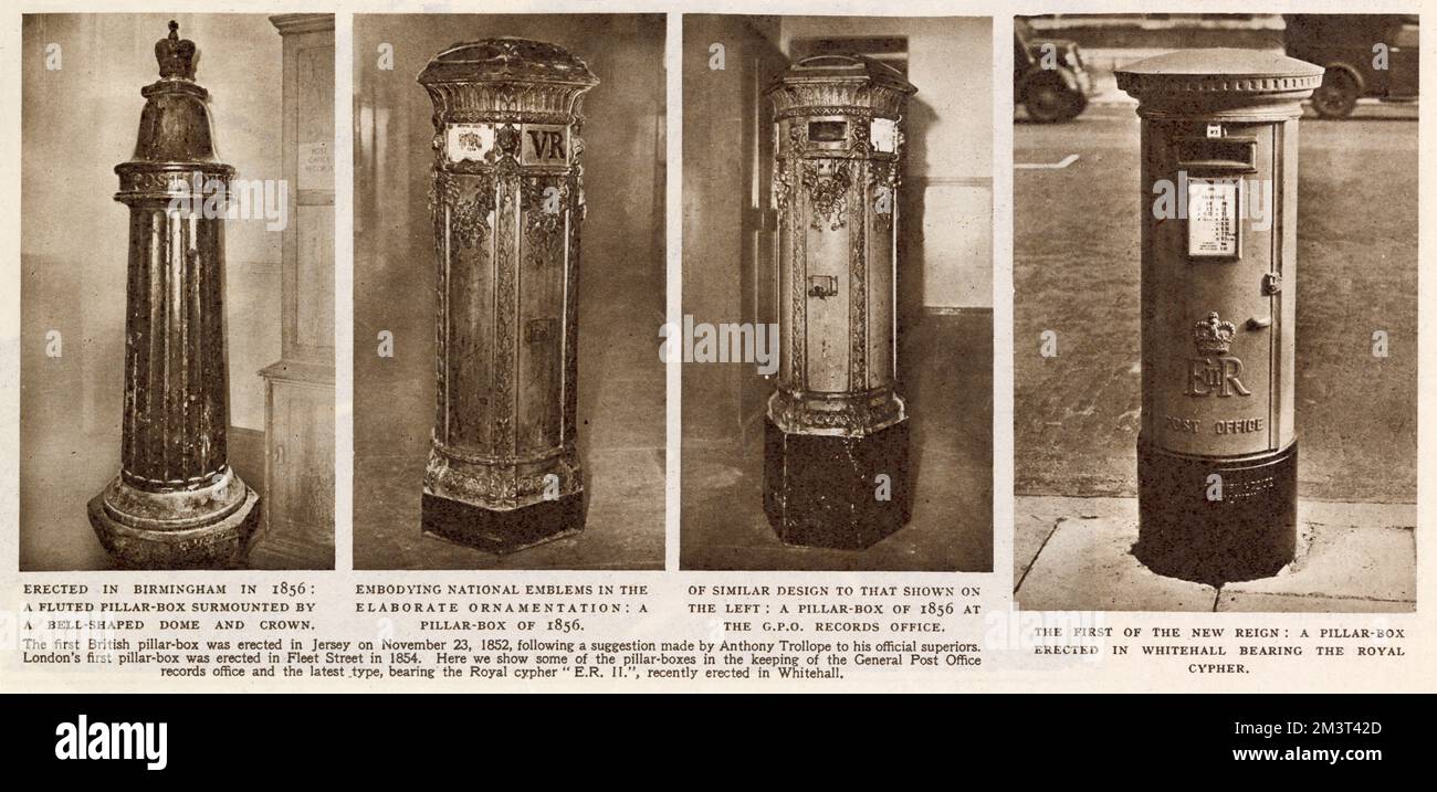 Four examples of pillar boxes (or post boxes): a fluted example with a dome and crown, erected in Birmingham in 1856, another on featuring elaborate ornamentation from 1856 incorporating national emblems, another from the same year of a similar design at the General Post Office records office and finally, the first of Queen Elizabeth II's new reign, erected in Whitehall and featuring the new royal cypher. Stock Photo