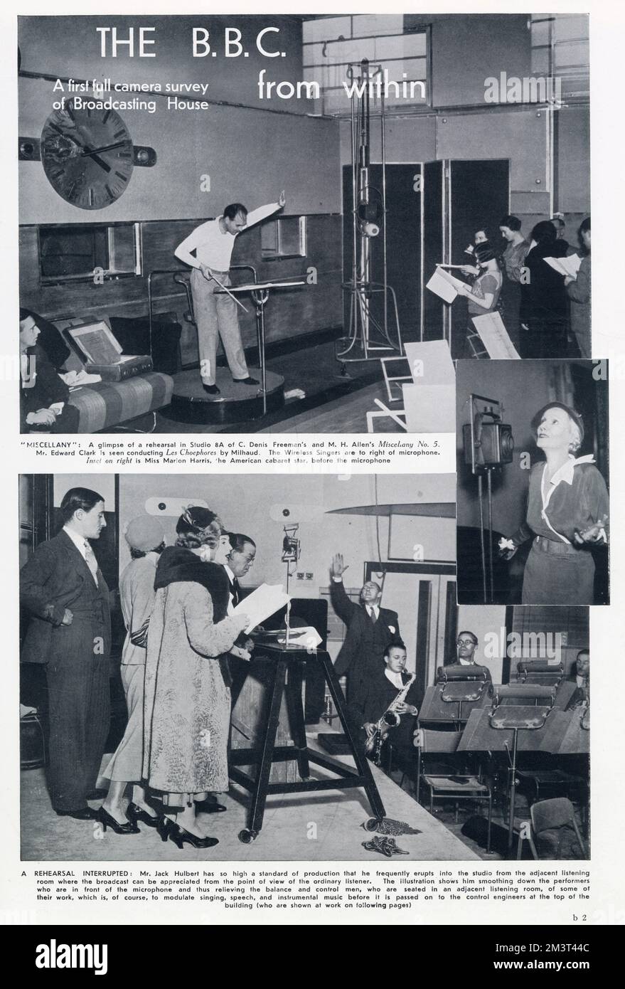 First page of a four-page feature on the B.B.C in The Sphere magazine - 'the first full camera survey of Broadcasting House'. Top picture shows a rehearsal in Studio 8A of C. Denis Freeman's and M.H. Allen's Miscelany No.5 with Edward Clark conducting Les Choephores by Milhaud with the Wireless Singers to the right of microphone. Inset picture shows cabaret star, Marion Harris before the microphone. Bottom image shows Jack Hulbert advising the performers in front of the microphone on the level and tone of volume. Stock Photo