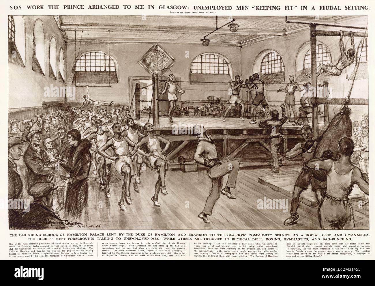 Unemployed men keeping fit at the old riding school of Hamilton Palace, lent by the Duke of Hamilton and Brandon to the Glasgow community service as a social club and gymnasium. The Duchess of Hamilton can be seen on the left talking to unemployed men, while others are occupied in physical drill, boxing, gymnastics and bag punching. One of a number of initiatives set up in Scotland under a scheme known as S.O.S (Scotland on Social Service) intended to counteract the hardships of unemployment and provide occupation for men who were out of work. Stock Photo