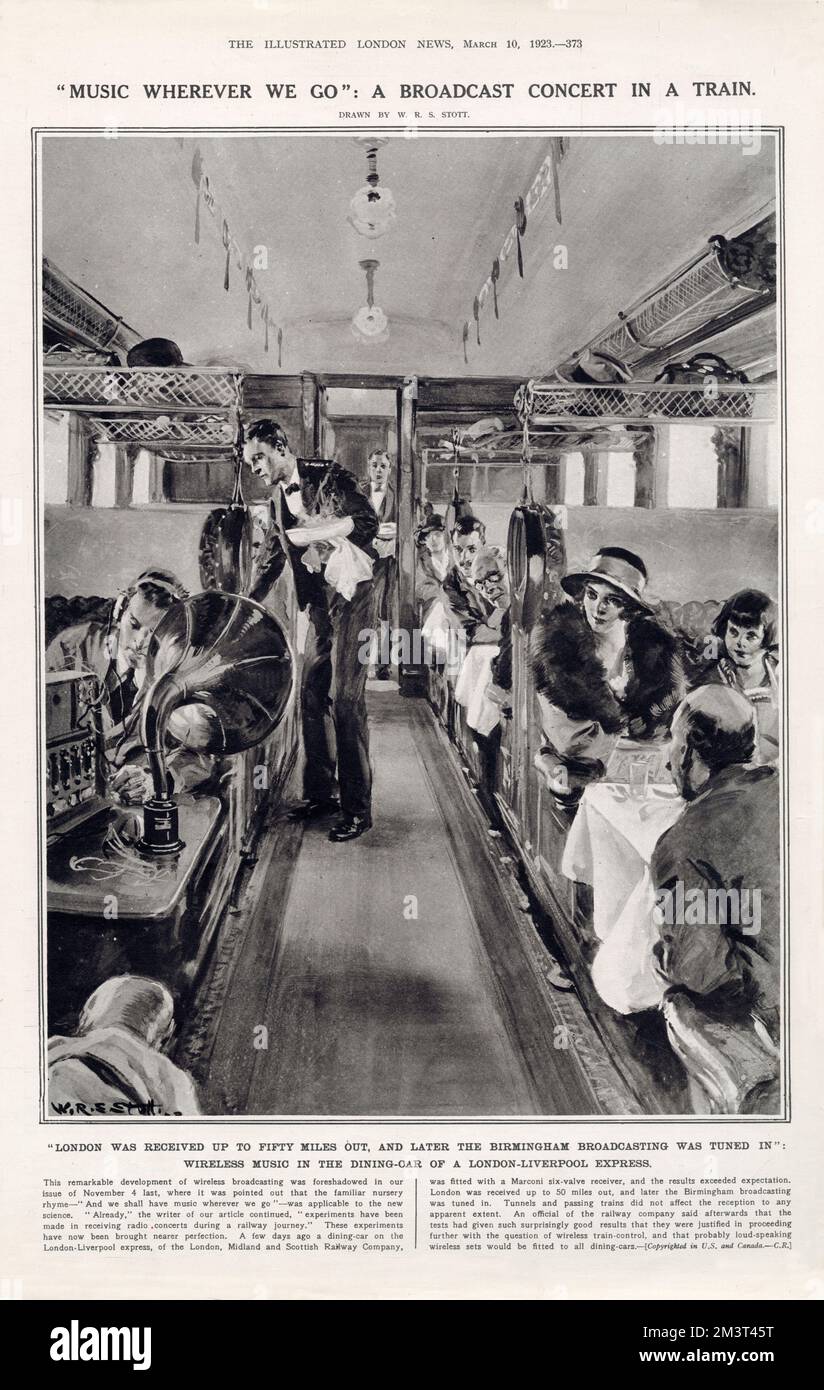 We shall have music wherever we go - a radio broadcast for train travellers on the London to Liverpool Express in 1923, an early example of 'portable' music. London was received fifty miles out and later, the Birmingham broadcast was tuned into. Stock Photo