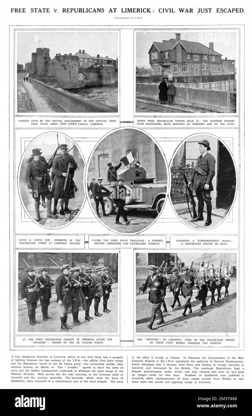Free State v. Republicans at Limerick - Civil War Just Escaped. Page from The Illustrated London News with photos reflecting the tensions between two sections of the IRA - the official Free State troops and the Republican forces of the De Valera party, in LImerick in March 1922.      Date: 1922 Stock Photo