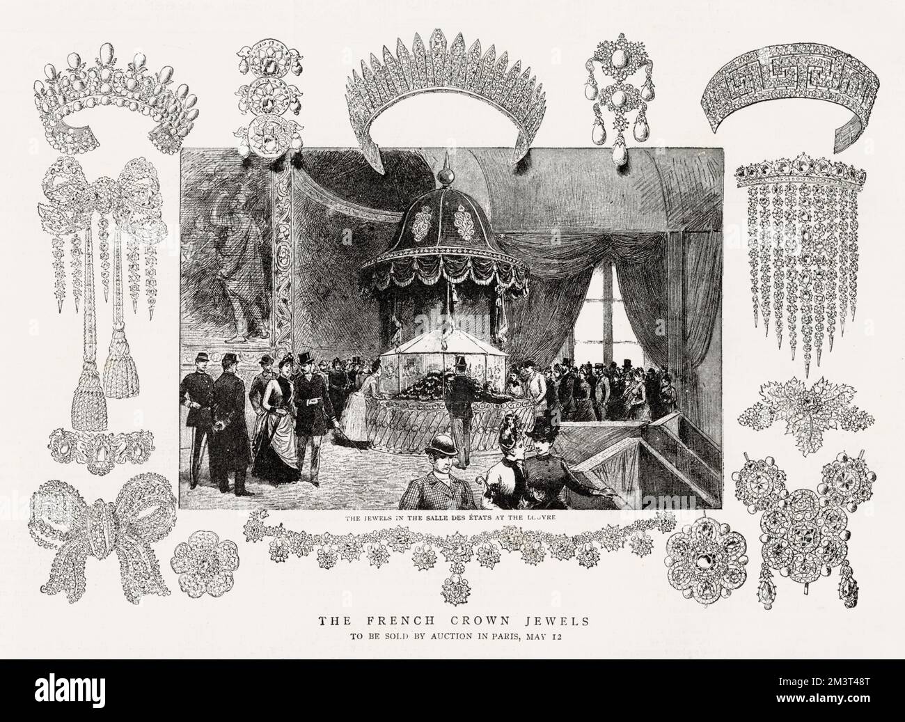 The French Crown Jewels, to be sold at auction in Paris, 12th May 1887. The jewels in the Salle des Etats at the Louvre. Stock Photo