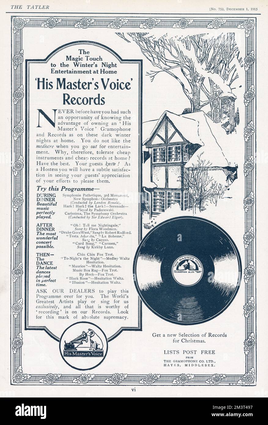 His Master's Voice Records. Advert for gramophone and records, particularly on dark winter nights at home.     Date: 1915 Stock Photo