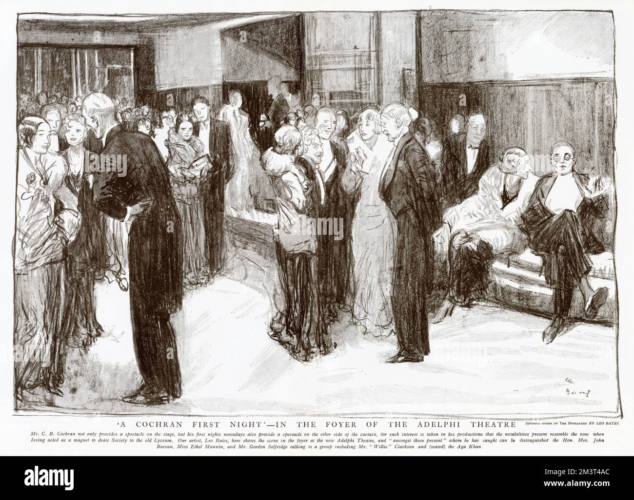 Scene in the foyer of the Adelphi Theatre with notable celebrities present for the first night of one of impresario Charles Cochran's shows. Among those present is the Hon. Mrs John Barran, Miss Ethel Mannin, Gordon Selfridge, on the right of the centre group, talking to wig and theatrical costumier Willie Clarkson, and, seated, the Aga Khan. Stock Photo