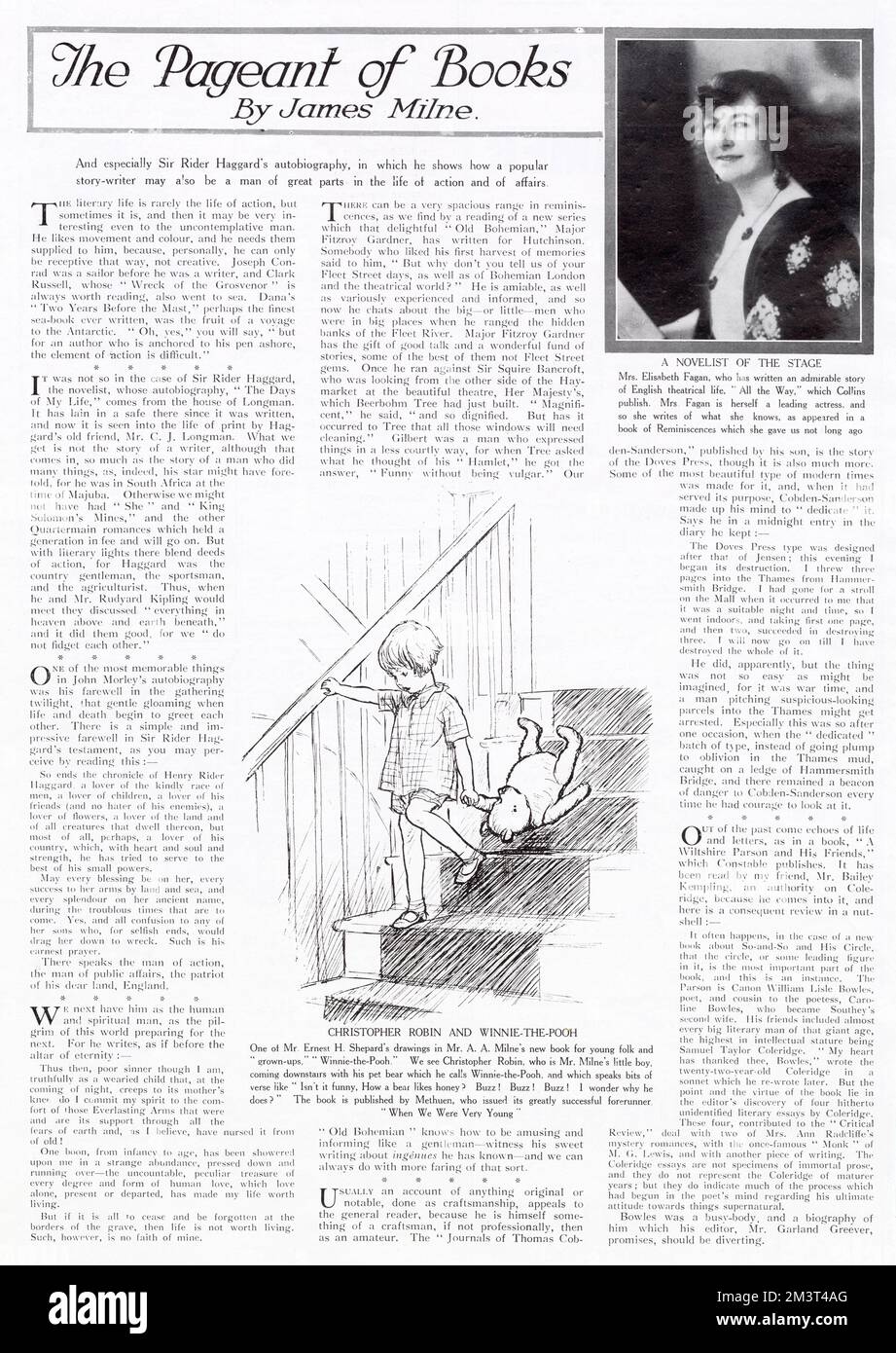 Page from The Graphic magazine's book review section featuring Ernest Shepard's famous illustration of Christopher Robin and Pooh Bear from the recently published 'Winne-the-Pooh' by A. A. Milne. Stock Photo