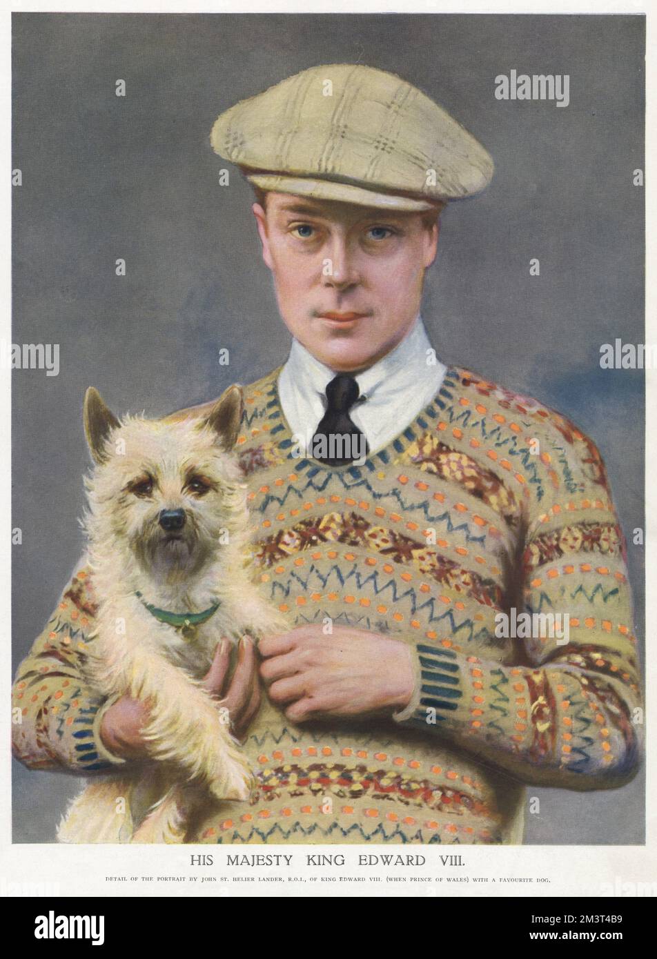 King Edward VIII, painted when Prince of Wales in typically informal attire of flat check cap and fair isle jumper, with his favourite Cairn terrier. Stock Photo