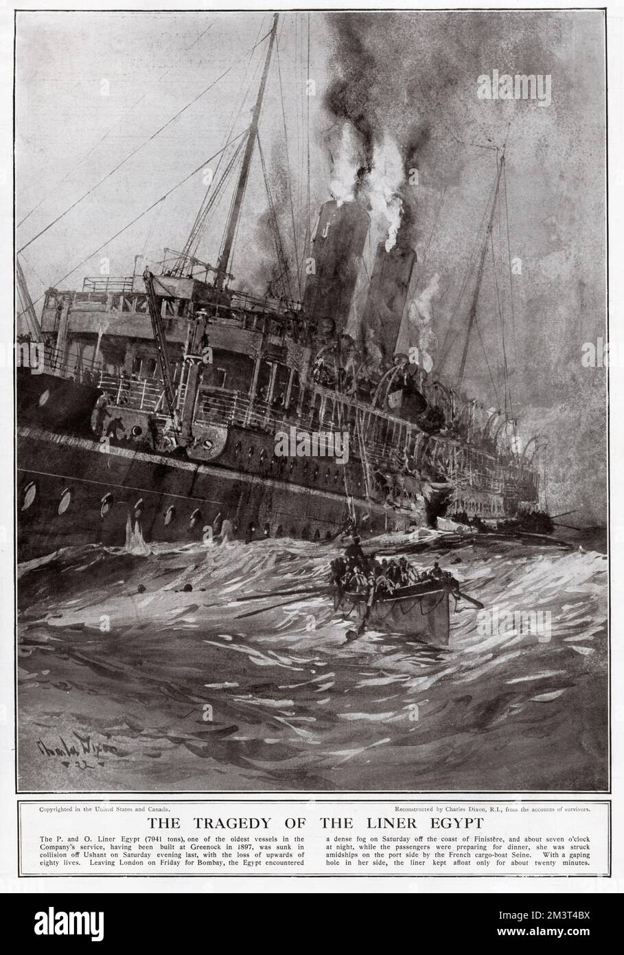 The tragedy of the liner Egypt. The P & O liner SS Egypt sank on 20th May 1922 in the Celtic Sea after a collision with a French cargo boat Seine in dense fog. Upwards of 80 lives were lost. The liner was also carrying a valuable cargo of gold and silver which wasn't possible to salvage until the 1930s. Stock Photo