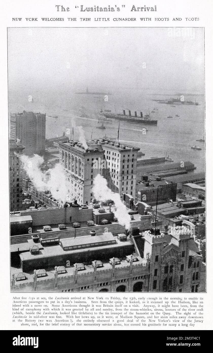 The RMS Lusitania arriving at New York for the first time, after completing the crossing of the Atlantic in five days at sea. Photograph showing the British ocean liner from the quay, receiving great welcome with hoots and toots. Stock Photo