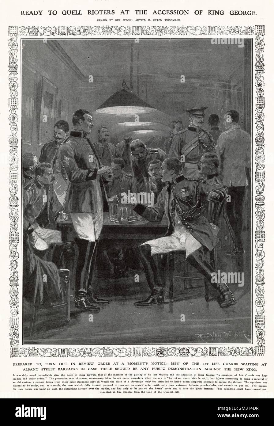 Ready to quell rioters at the accession of King George V after the death of Edward VII. Prepared to turn out in review order at a moment's notice: men of the 1st Life Guards waiting at Albany Street Barracks in case there should be any public demonstration against the new king. The precaution was unnecessary, but it was interesting as being a survival of an old custom dating from days in which the death of a Sovereign only too often led to half a dozen desperate attempts to secure the throne. Stock Photo