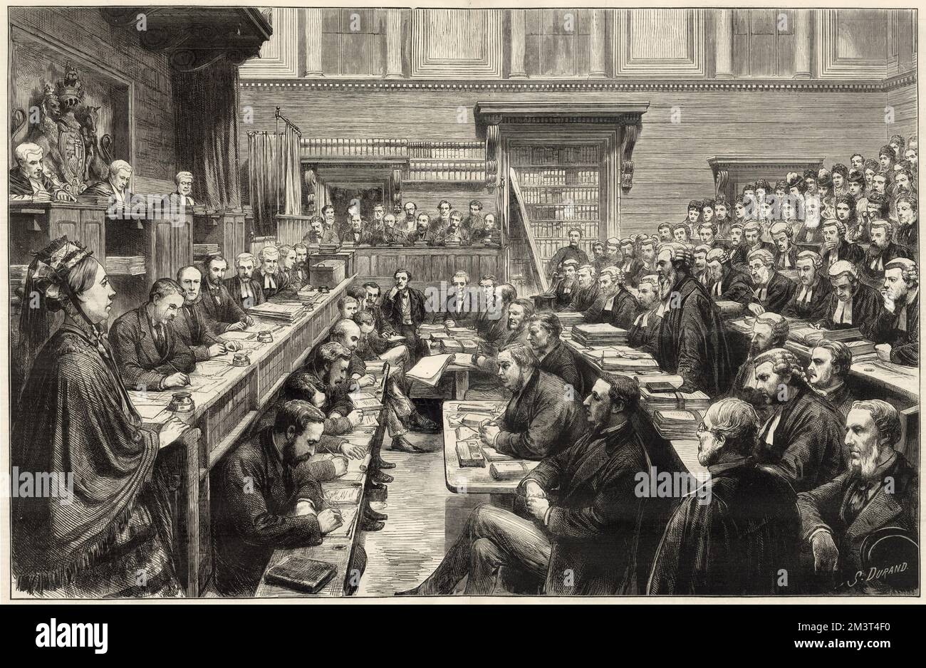 The trial of the Tichborne Claimant - general view of the court during the examination of Miss Mary Ann Loder. Trial in the court of Queen's Bench, before Sir Alexander Cockburn, Lord Chief Justice of England, of Thomas Castro, otherwise Arthur Orton, otherwise Sir Roger Tichborne, the Claimant to the Tichborne title and estates, for wilful and corrupt perjury. Stock Photo