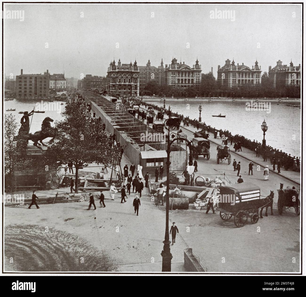 The view of the tramway works, joining north and south of London. The photograph taken from the north shore looking towards St. Thomas Hospital with Boadicea's statue on the left. Stock Photo