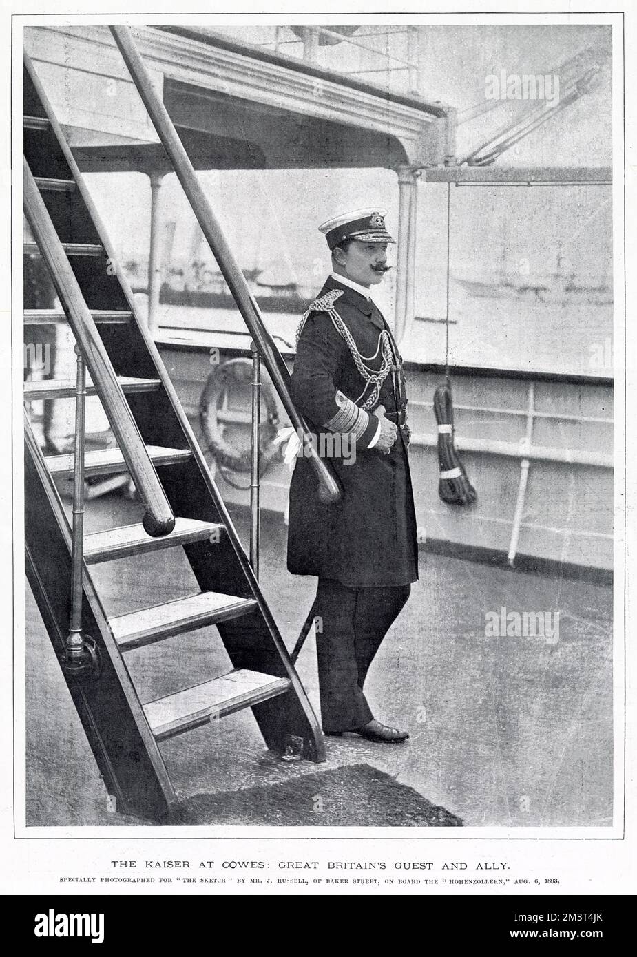 Wilhelm II (1859 - 1941), last German Emperor (German: Kaiser) and King of Prussia, reigning from 15 June 1888 until his abdication on 9 November 1918. Photograph showing Wilhelm II (Kaiser) on board the 'Hohenzollern' as a guest to Britain at the annual Cowes Week Regatta. Stock Photo