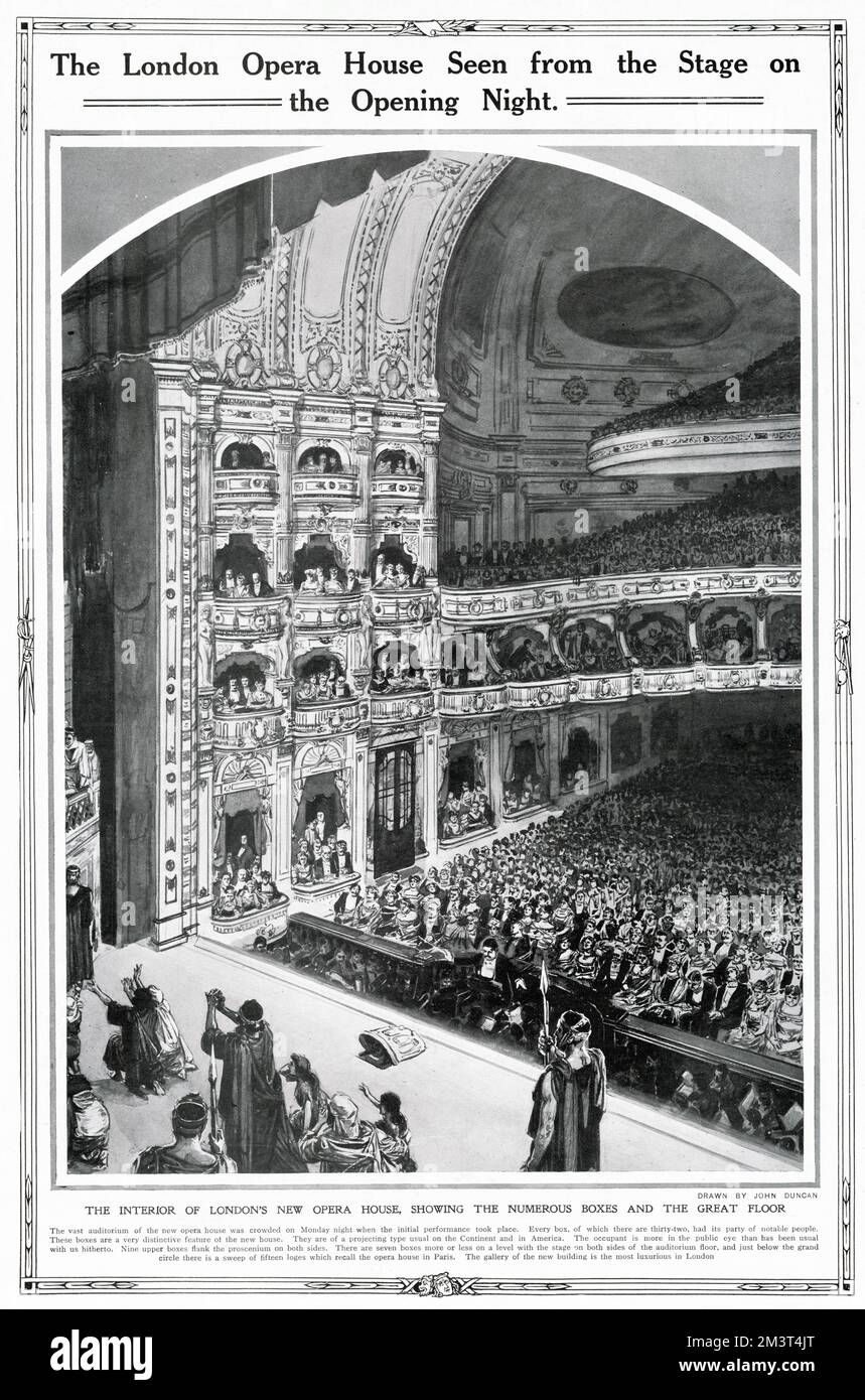 The London Opera House seen from the stage on the opening night. The London Opera House, on Kingsway, opened in 1911 with a production of Quo Vadis. The auditorium was designed in the French Renaissance style with 18 upper boxes flanking the proscenium (nine on each side), and seven on a level with the stage on either side as well as a sweep of 15 loges just below the grand circle. Part of the site is now the Peacock Theatre. Stock Photo