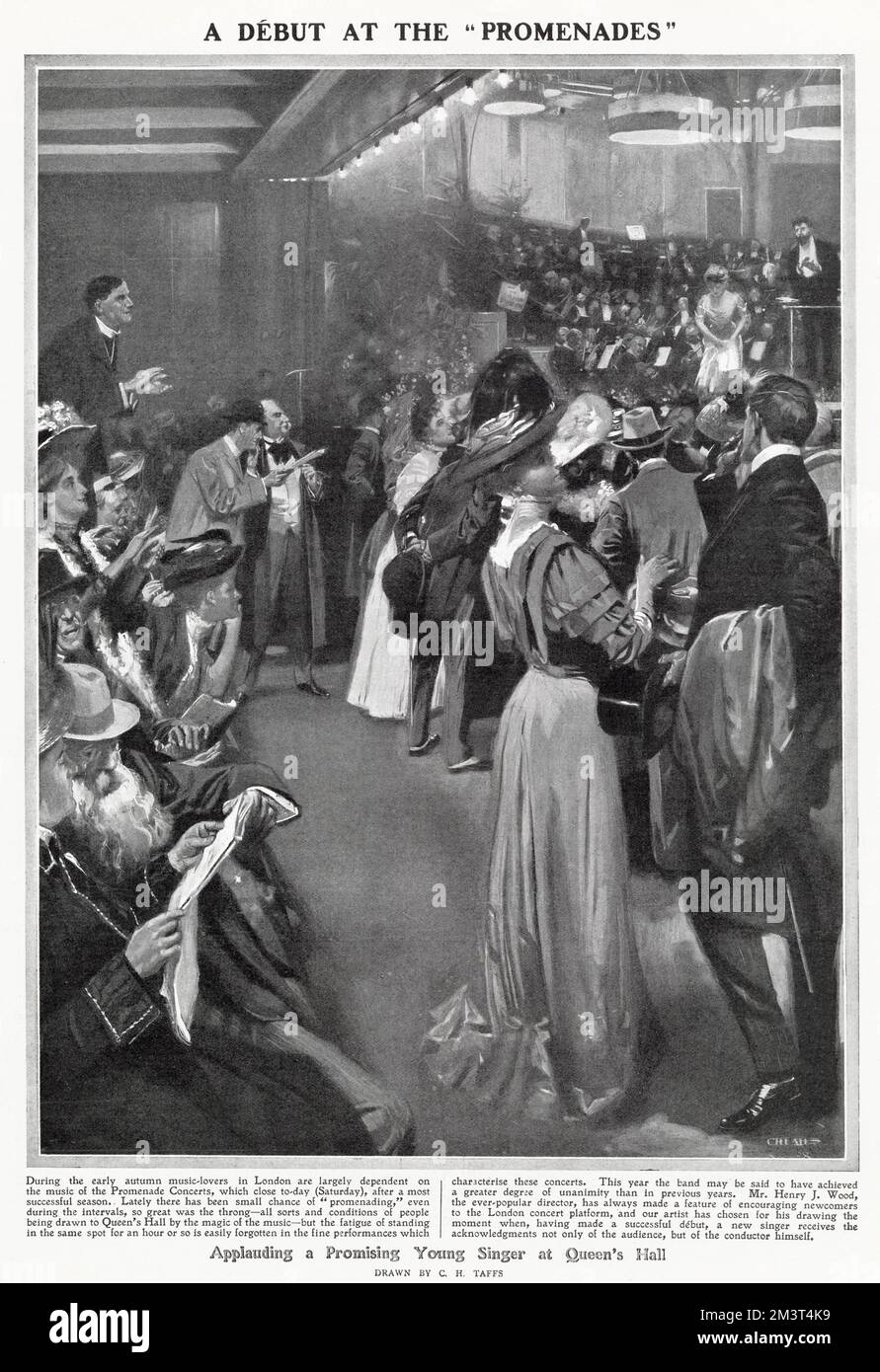A debut at the Promenades (the Proms): the audience applauding a promising young singer at Queen's Hall in 1908. During the early autumn, music-lovers in London are largely dependent on the music of the Promenade Concerts. Lately there has been small chance of 'promenading,' even during the intervals, so great was the throng - all sorts and conditions of people being drawn to Queen's Hall by the magic of the music. Stock Photo