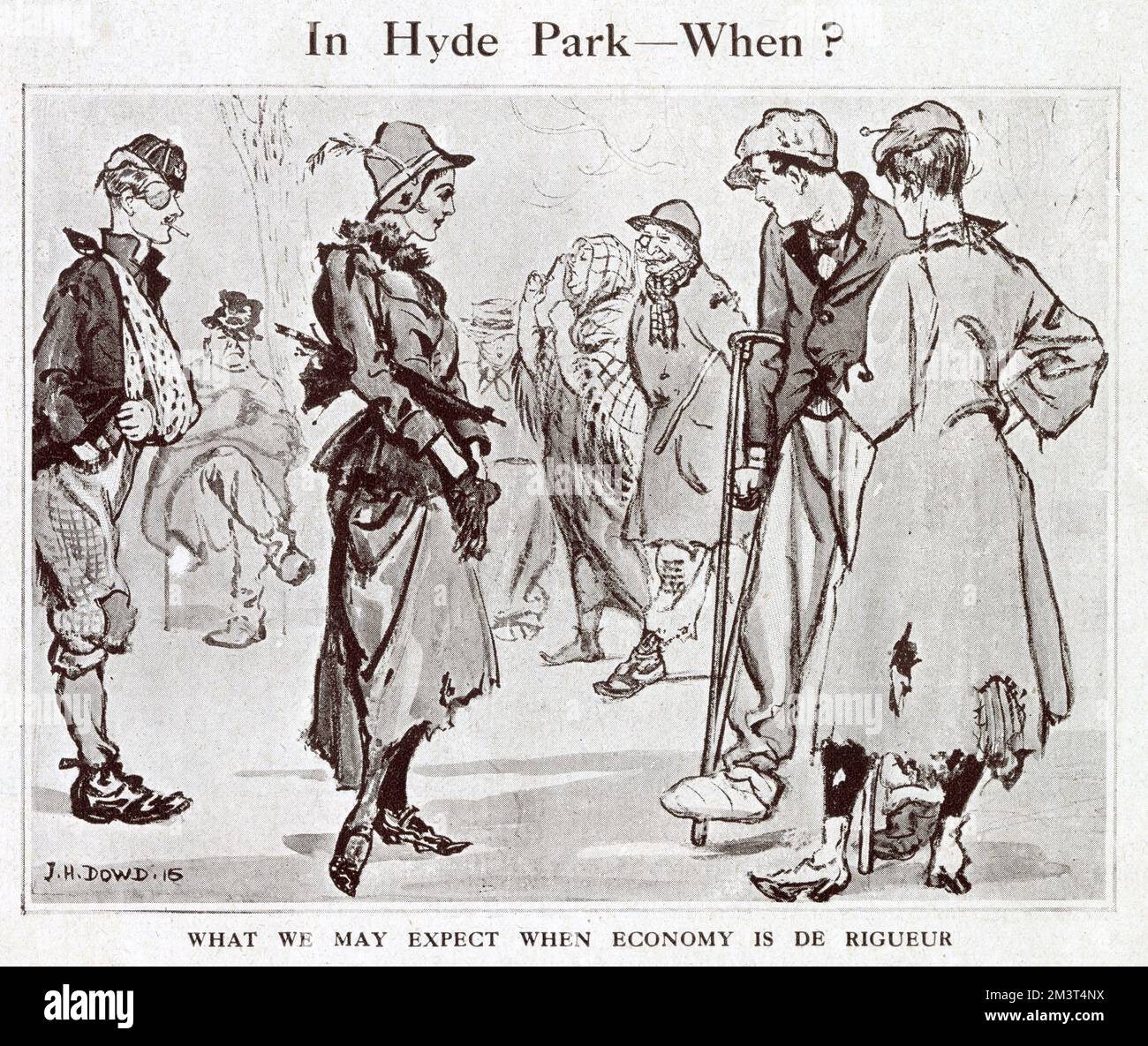 In Hyde Park - When? What we may expect when war economy is de rigeur. Formerly smart society types in London's Hyde Park, promenading in ragged clothes. Humorous comment on the government's recommendations about war economy, in particular with refer to extravagant dress.     Date: 1916 Stock Photo