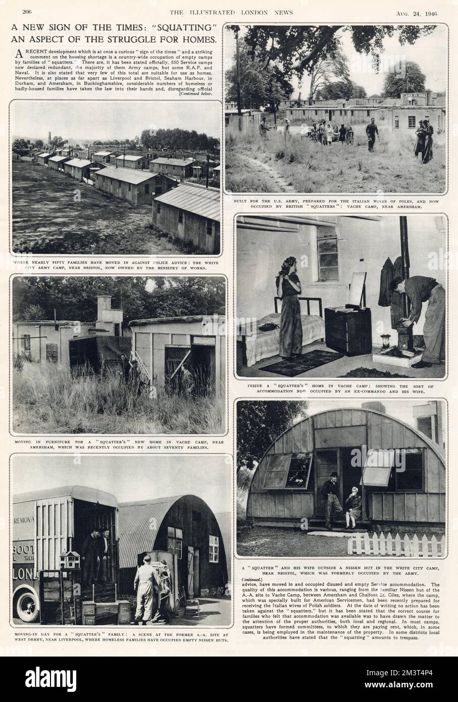 Page from The Illustrated London News showing pictures of people made homeless by the war finding temporary homes in disused military camps around the country. Photographs show Vache Camp in Amersham, Buckinghamshire, White City Camp, Bristol and A-A Camp, West Derby, Liverpool. Stock Photo