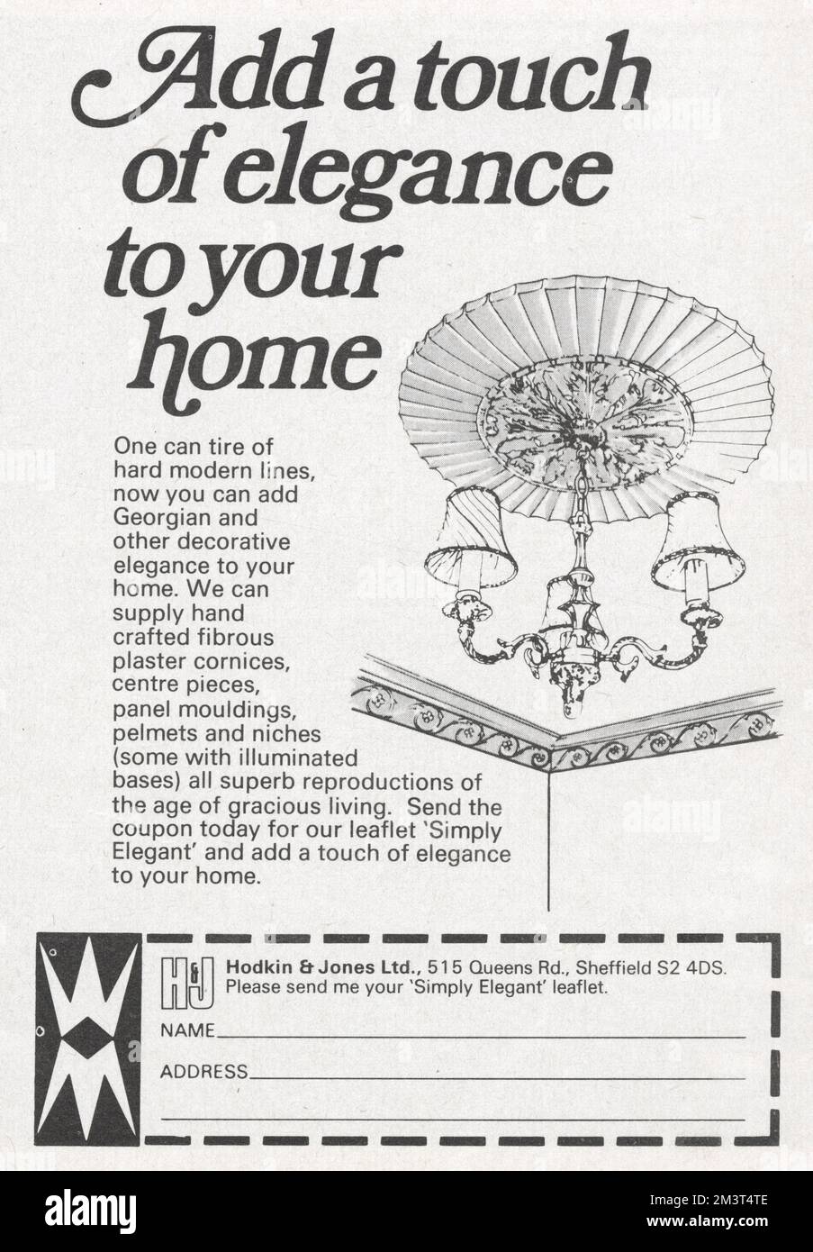 Add a touch of Georgian elegance to your home. Hodkin & Jones Ltd advert for hand-crafted fibrous plaster cornices, centre pieces, panel mouldings, pelmets and niches.     Date: 1974 Stock Photo