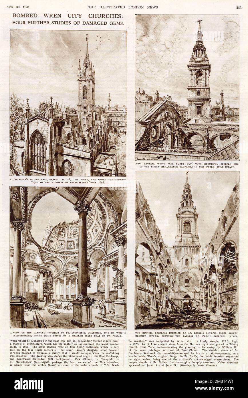 Bombed Wren City churches: four further studies of damage caused by bombing in London in World War Two. Clockwise from top left: St Dunstan's in the East; Bow Church, which was burnt out, although the steeple survived intact; St Bride's Church, Fleet Street, with its ruined and roofless interior; St Stephen's, Walbrook, whose dome copies on a smaller scale that of St Paul's. Stock Photo