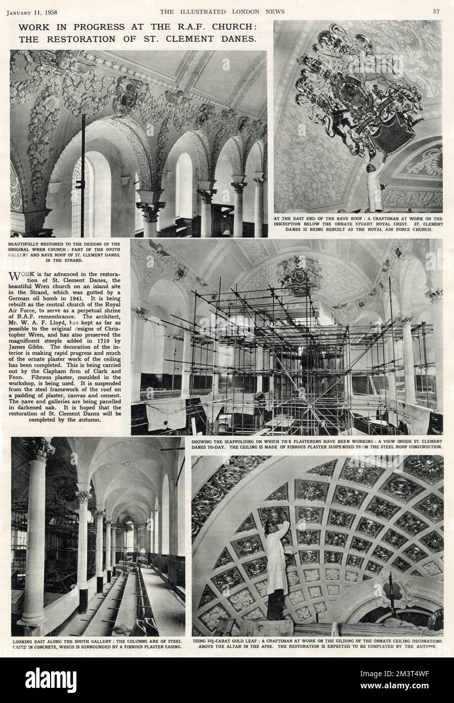 Work in progress at the Royal Air Force church: the restoration of St Clement Danes, the Wren church on an island site in the Strand, London, which was gutted by a German oil bomb in 1941. The decoration of the interior is making rapid progress and much of the ornate plaster work of the ceiling, using fibrous plaster moulded in the workshop, has been completed. Stock Photo