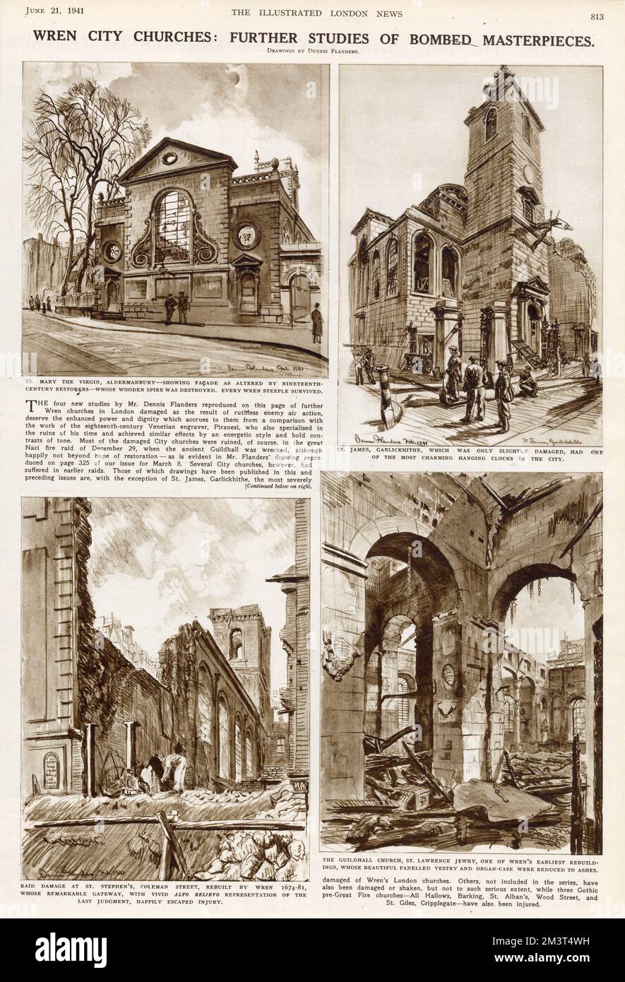 Studies of churches in the City of London designed by Sir Christopher Wren damaged by bombing in World War Two. Clockwise from top left: St Mary the Virgin, Aldermanbury - showing facade as altered by 19th century restorers - whose wooden spire was destroyed; St James, Garlickhithe, only slightly damaged, which had one of the most charming hanging clocks in the City; Guildhall Church, St Lawrence Jewry, whose panelled vestry and organ-case were reduced to ashes; St Stephen's, Coleman Street, rebuilt by Wren 1674-81. Stock Photo