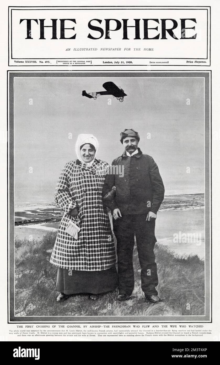 Louis Bleriot (1872 - 1936), French aviator, inventor, and engineer. Photographed on the front cover of 'The Sphere' Bleriot with his wife, after the surprise announcement that he had just flown across the English Channel, winning the prize of £1,000 offered by the 'Daily Mail' newspaper. Stock Photo