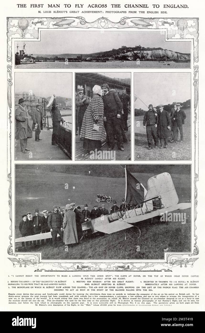 Louis Bleriot (1872 - 1936), French aviator, inventor and engineer. Several photographs taken in England of the first successful flight across the English Channel, from Calais to Dover in about forty minutes. Winning Bleriot the 'Daily Mail' prize of £1,000 and also receiving the Cross of the Legion of Honour. Stock Photo