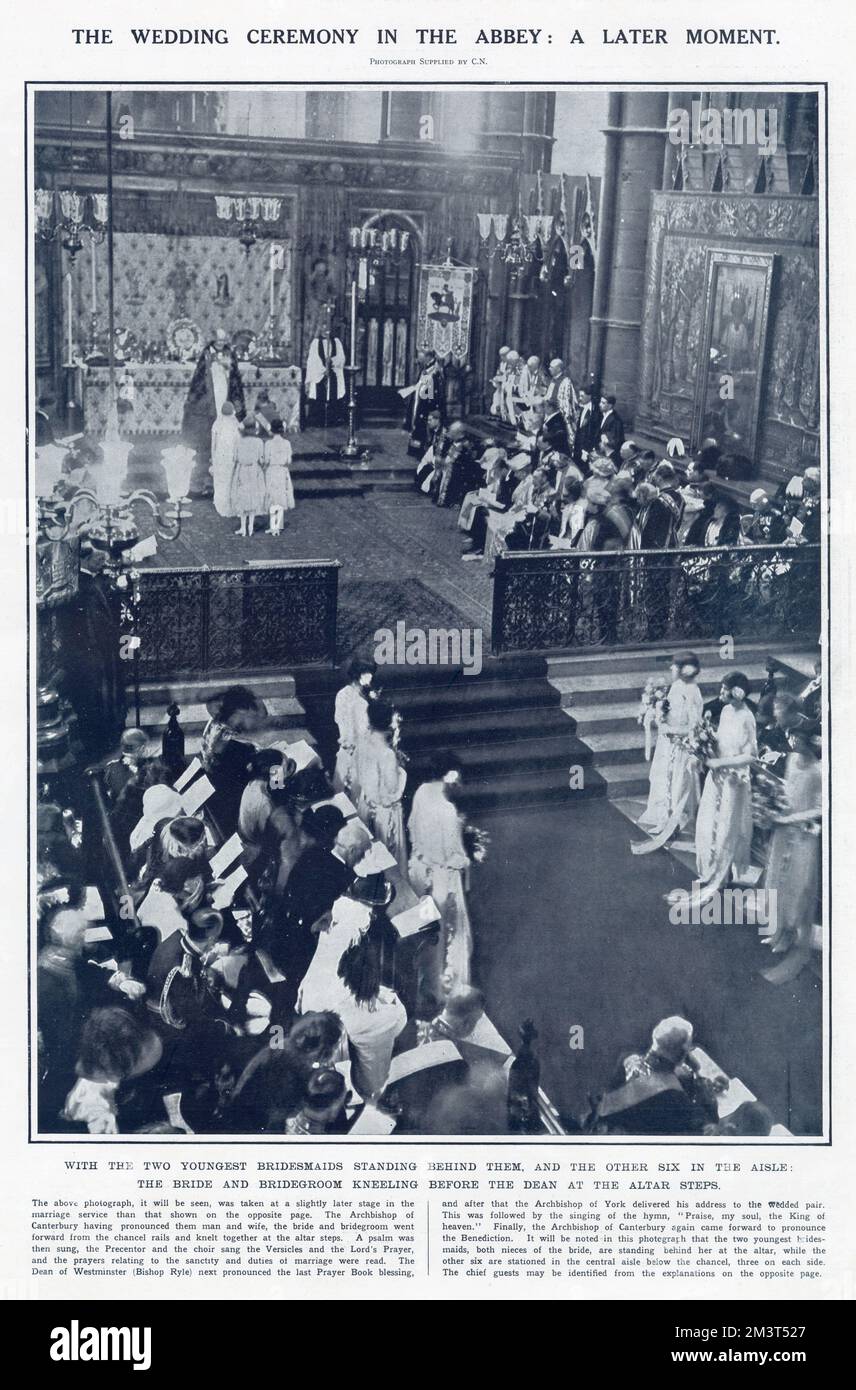 Marriage of Duke of York (later George VI) and Lady Elizabeth Bowes-Lyon at Westminster Abbey, London. The bride and bridegroom kneeling before the Dean at the alter steps, with two younger bridesmaids standing behind them. Stock Photo