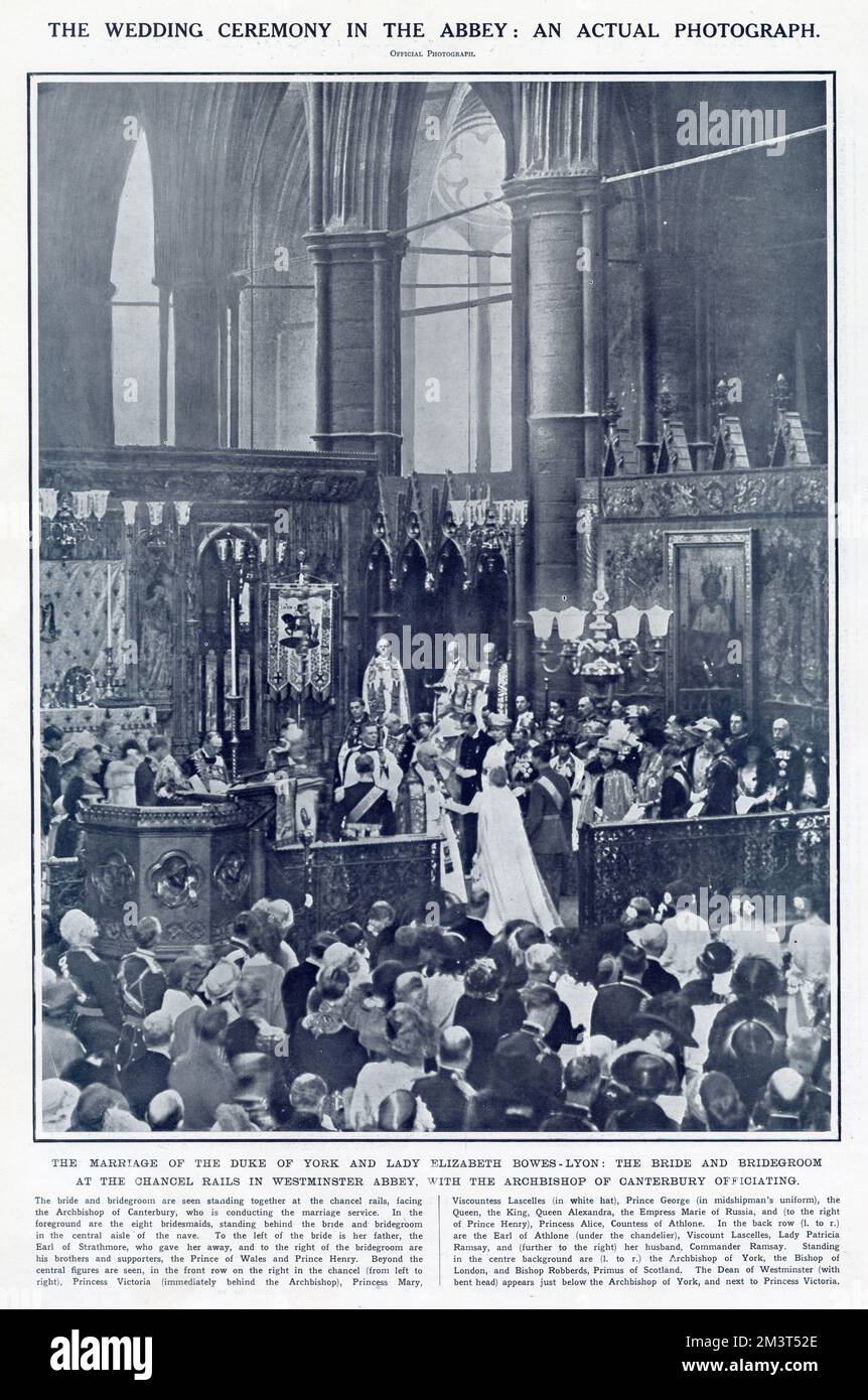 Marriage of Duke of York (later George VI) and Lady Elizabeth Bowes-Lyon at Westminster Abbey, London. The bride and bridegroom at the chancel rails, Archbishop of Canterbury officiating. Stock Photo