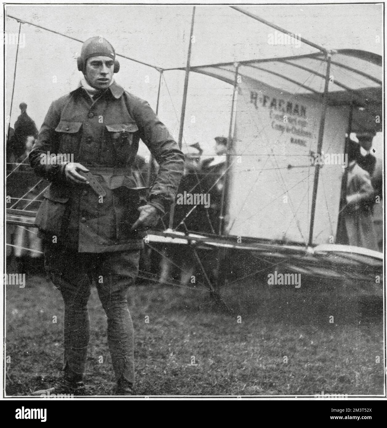 Claude Grahame-White (1879 - 1959), English pioneer of aviation. Photograph showing Grahame-White near Rugby. A 'Daily Mail' newspaper prize of £10,000 was up for offer from London to Manchester in under 24 hours. He covered 114 miles of the distance and then gave up due to engine troubles and high winds. Stock Photo