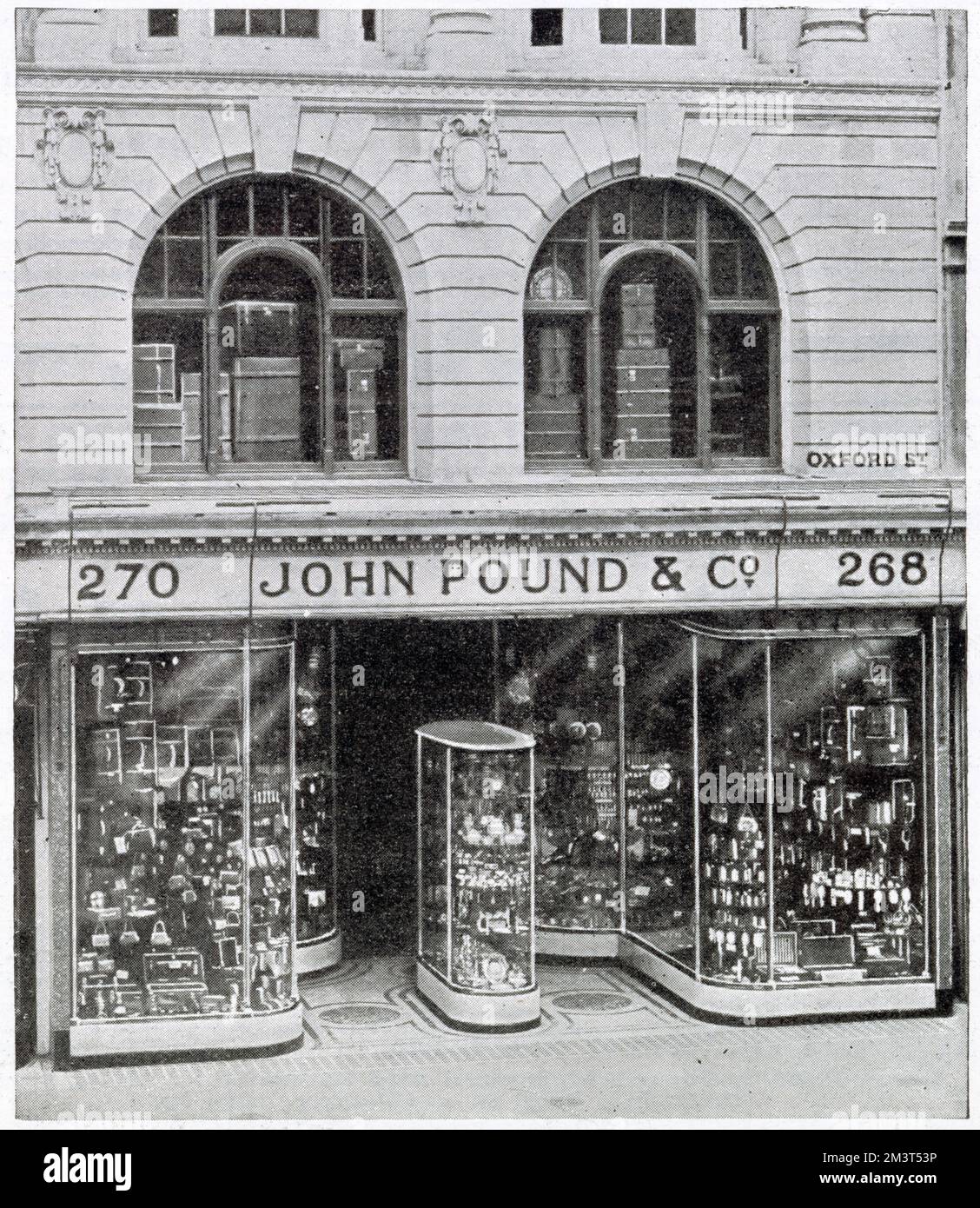 The new West-end store, John Pound & Co in Oxford Street. Selling leather goods, fitted dressing-cases, cutlery, watches and electroplate. Stock Photo