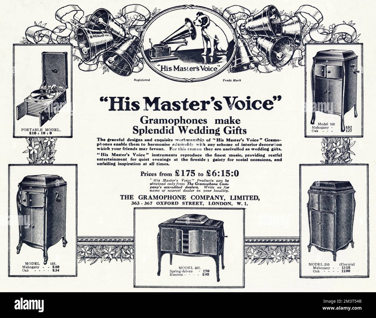 Advertisement for a range of sturdy portable gramophone for 'His Master's Voice' products. Stock Photo