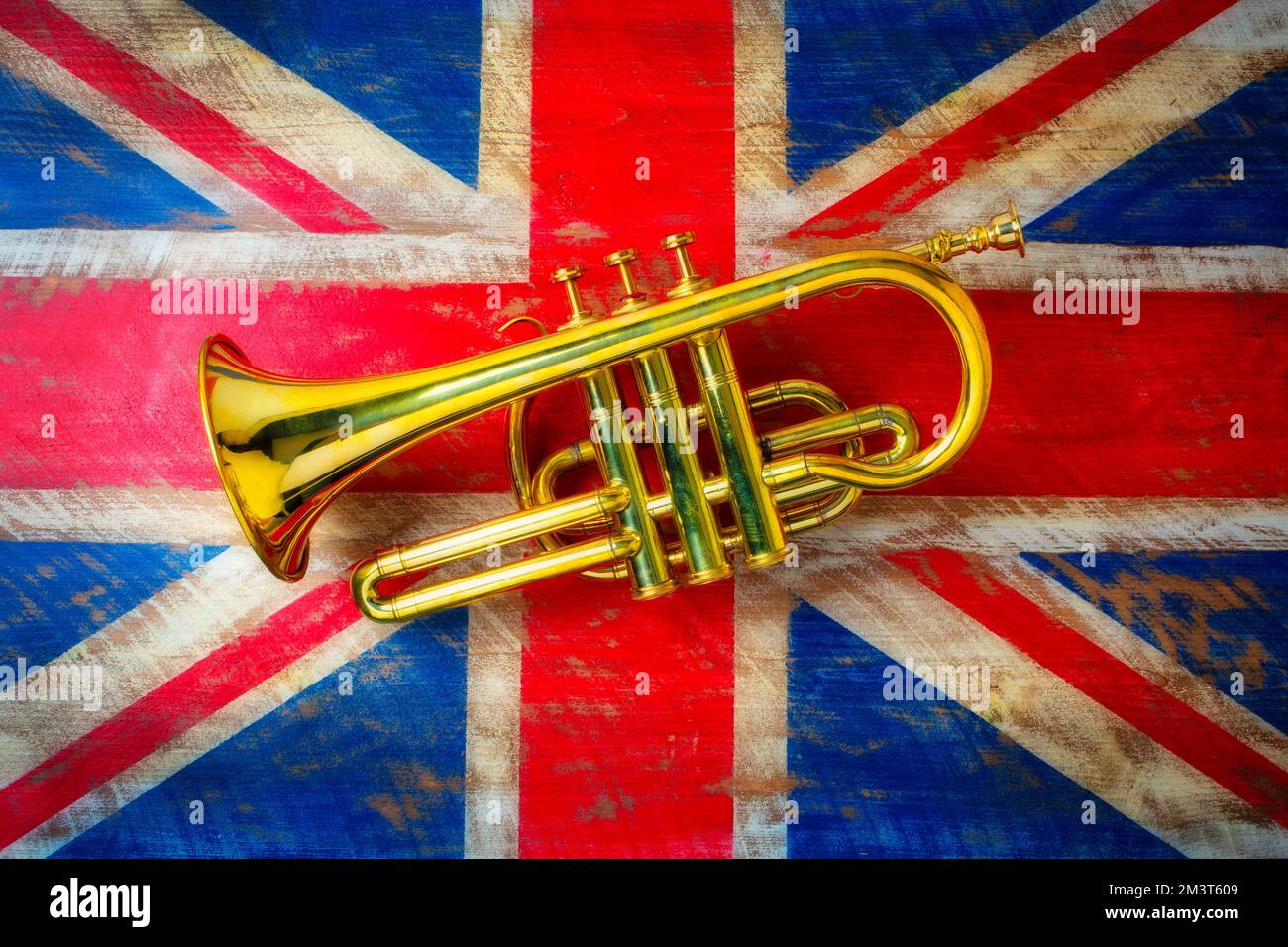 Brass Horn on British Flag Stock Photo Alamy