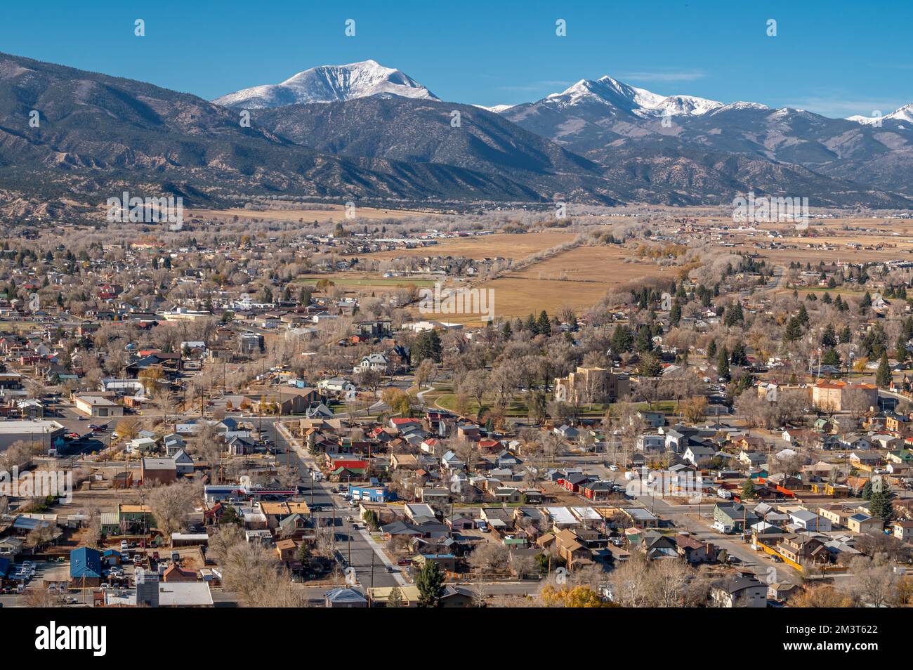 A view of the downtown and adjacent neighborhoods of Salida, Colorado from an elevated view from Tenderfoot Hill. Stock Photo