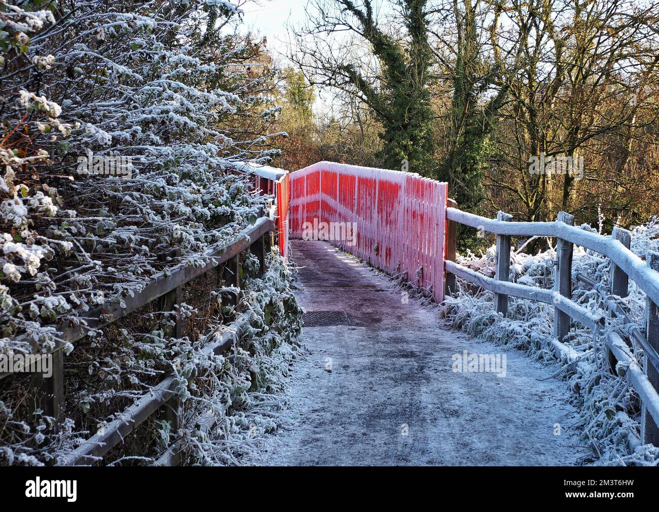 Red bridge with frost Stock Photo