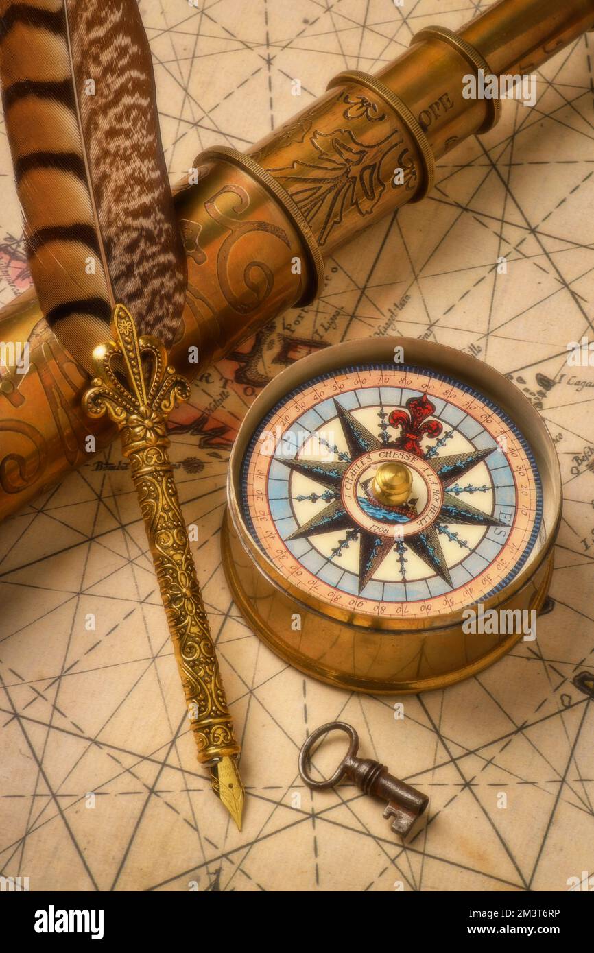 Feather Pen And Compass Stock Photo Alamy