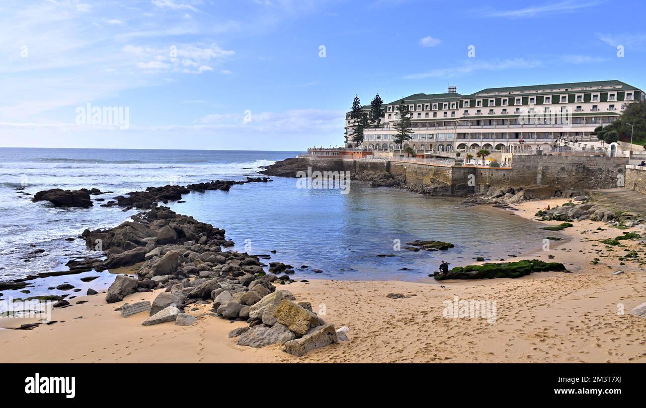 A scenic landscape of natural pool at low tide on Baleia beach in Ericeira, Portugal Stock Photo