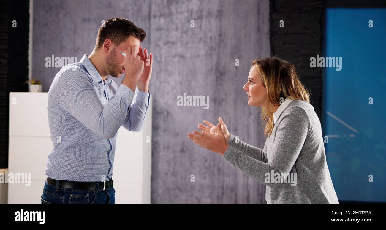 Argue Quarrel In Office. Bossy Businessman Shouting At Workplace Stock Photo