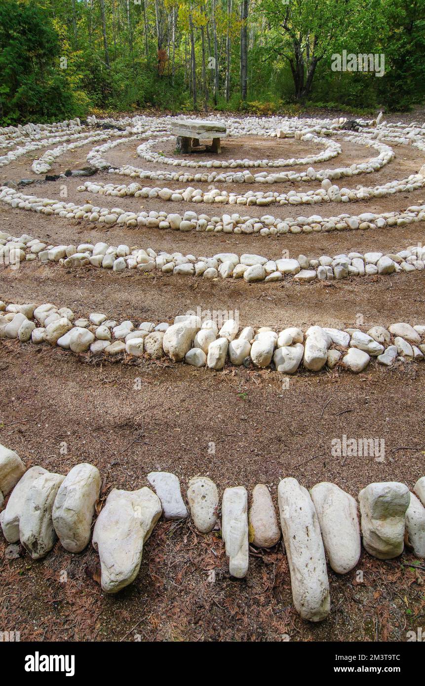 The labyrinth at the Clearing allows oneto ponder nature and the universe while problem solving and walking, The Clearing, Door County, Wisconsin Stock Photo