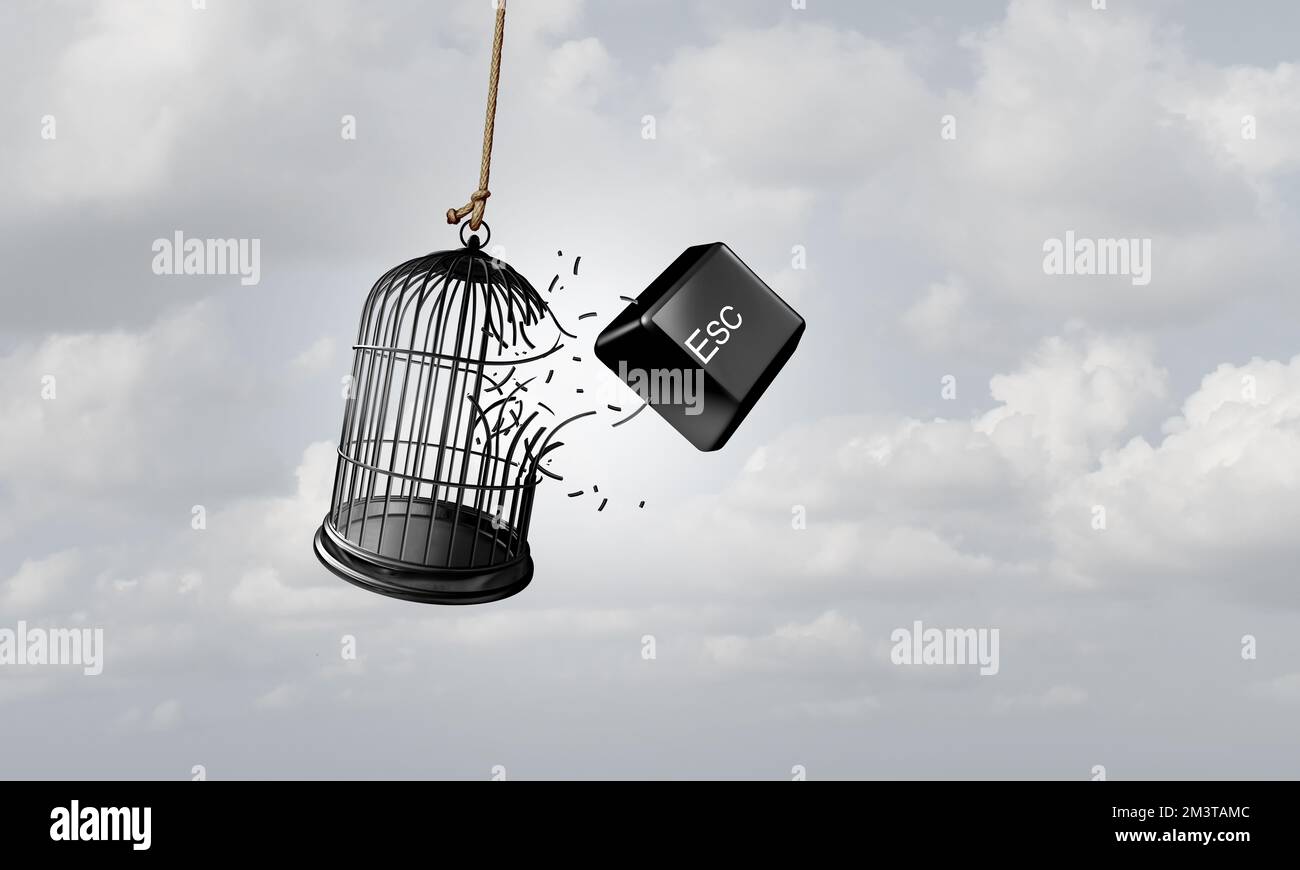 Escape metaphor and Concept of freedom as a business idea to break free with an Esc computer key button breaking out of a bird cage. Stock Photo