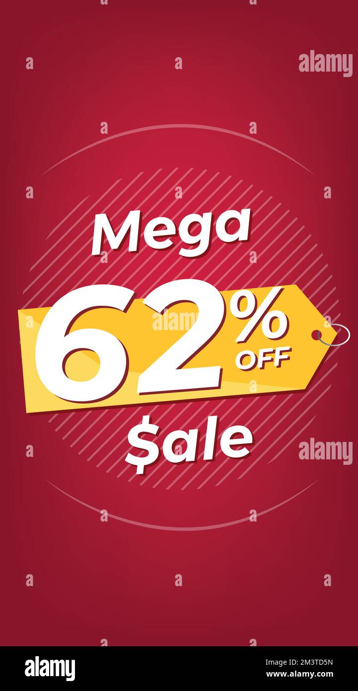 62% off. Red discount banner with sixty-two percent. Advertising for Mega Sale promotion. Stories format Stock Vector
