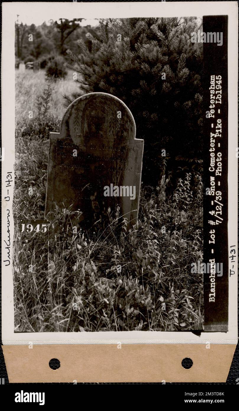 Seth Blanchard, Snow Cemetery, lot 4, Petersham, Mass., July 12, 1939