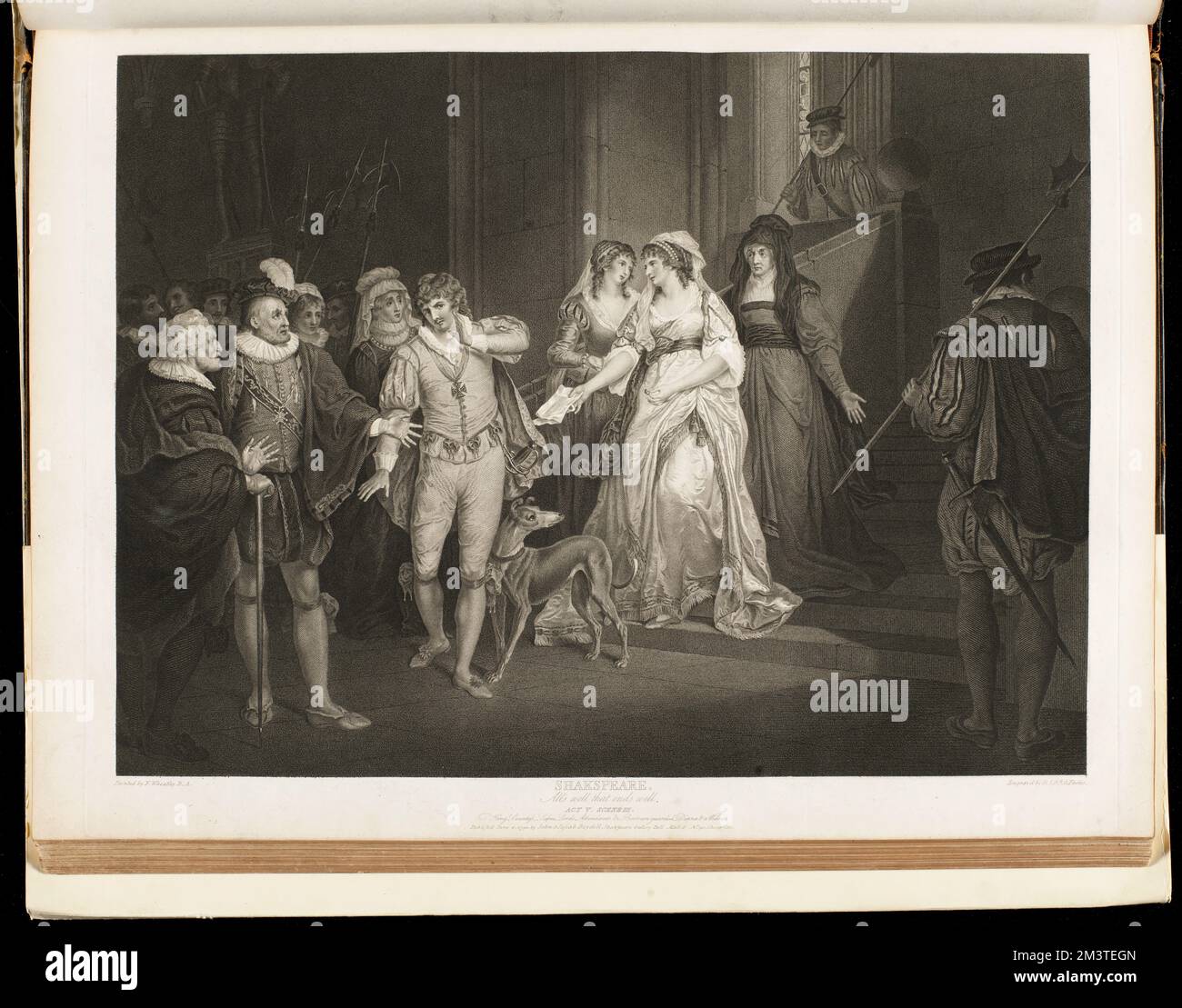 Shakspeare. All's well that ends well, act V, scene III : King, Countess, Lafeu, lords, attendants etc. Bertram guarded, Diana & a widow , Shakespeare, William, 1564-1616, Characters, Shakespeare, William, 1564-1616. All's well that ends well. Thomas Pennant Barton Collection Stock Photo