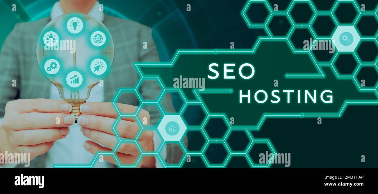Text caption presenting Seo Hosting. Word Written on building website in a way that is friendly for search engines Stock Photo