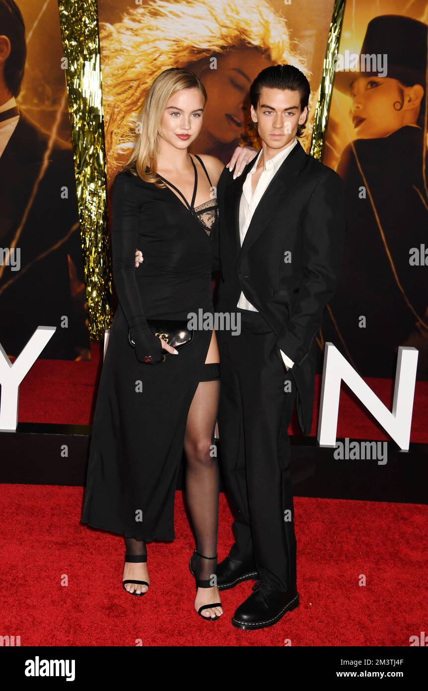 LOS ANGELES, CALIFORNIA - DECEMBER 15: (L-R) Emma Brooks McAllister and Zack Lugo attend the Global Premiere Screening of 'Babylon' at Academy Museum Stock Photo