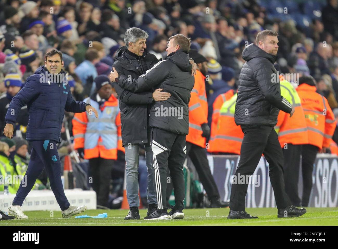 Jesse Marsch manager of Leeds United and Imanol Alguacil manger of Real Sociedad embrace after the final whistle in the Mid season friendly match Leeds United vs Real Sociedad at Elland Road, Leeds, United Kingdom, 16th December 2022  (Photo by James Heaton/News Images) Stock Photo