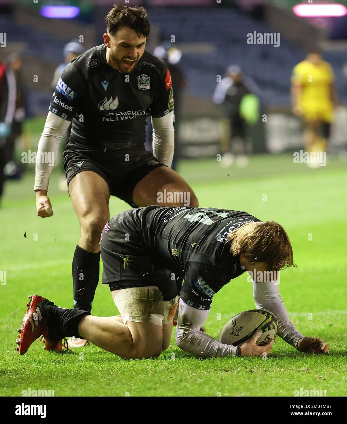 Glasgow Warriors Sebastian Cancelliere scores a try during the EPCR Challenge Cup match at BT Murrayfield Stadium, Edinburgh. Picture date: Friday December 16, 2022. Stock Photo